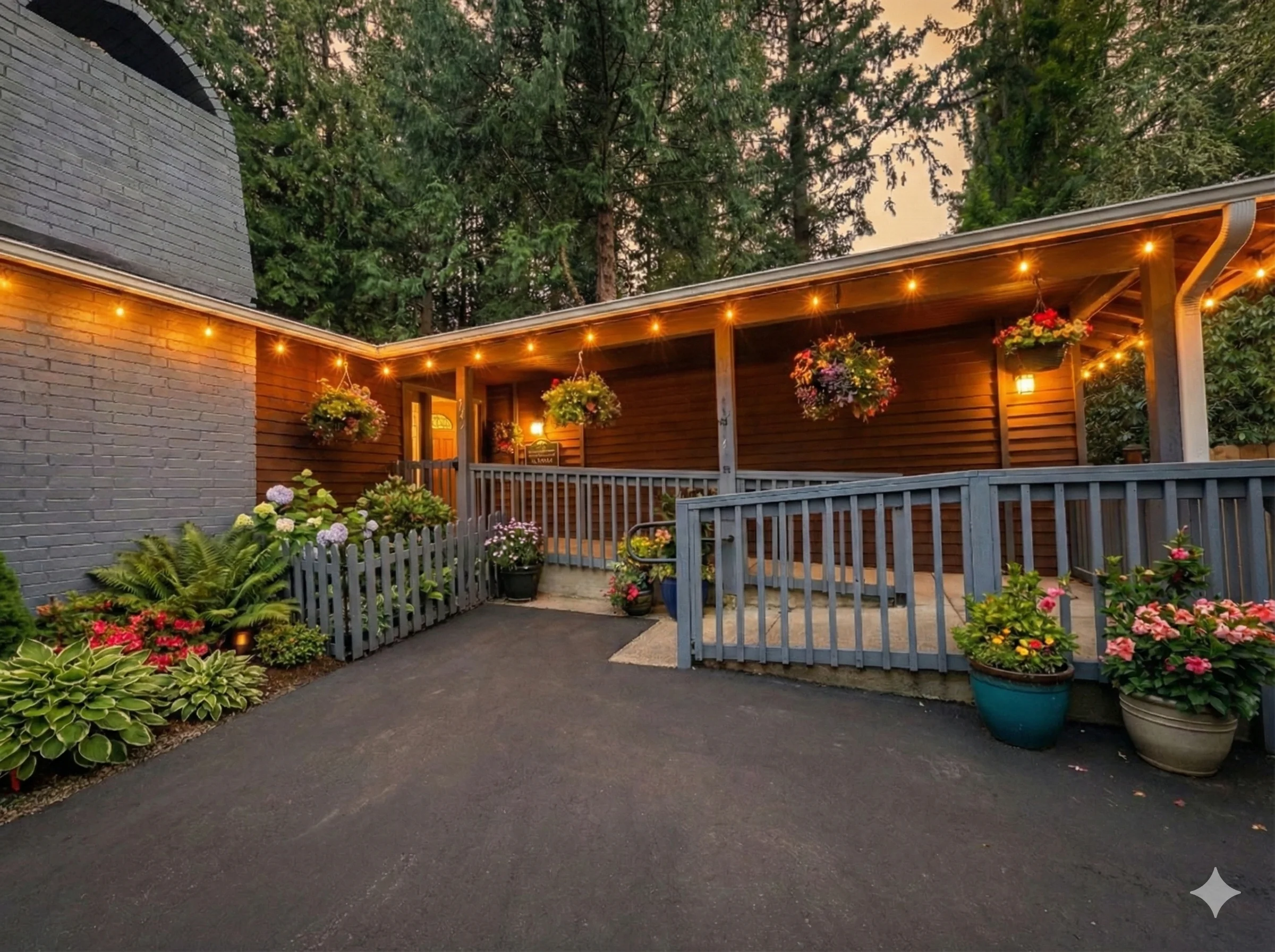 Wellspring main entrance with beautiful porch, string lights, and flower gardens
